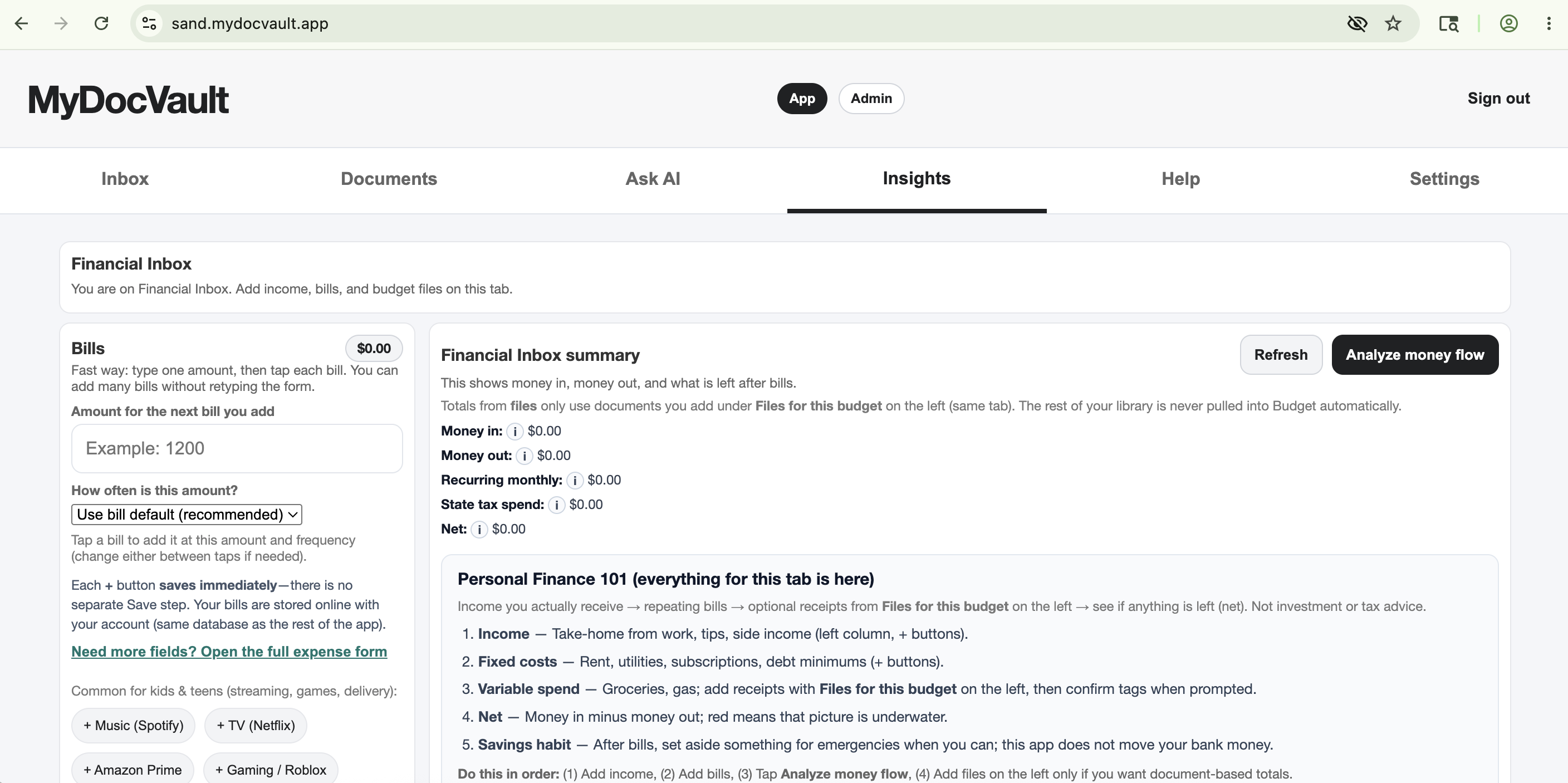 MyDocVault product preview showing organized personal records and insights